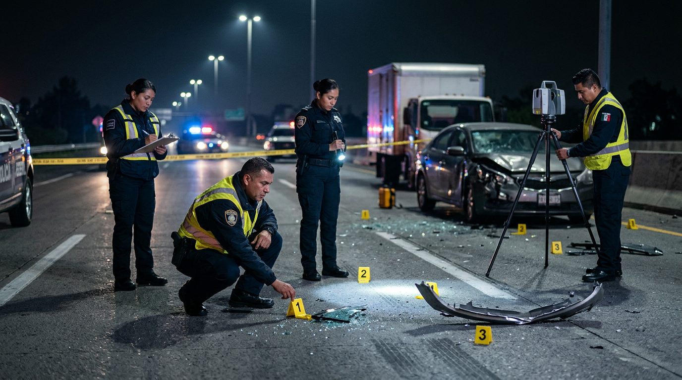 Oficiales de policía investigando accidente vehicular nocturno con equipo de reconstrucción y evidencia marcada.