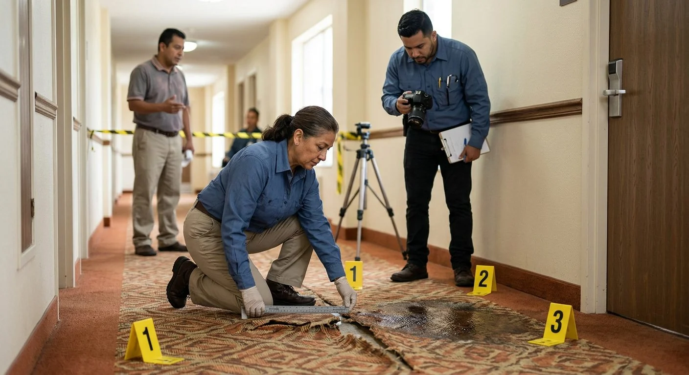 Pasillo de hotel con investigadores documentando condiciones peligrosas del piso y marcadores de evidencia.