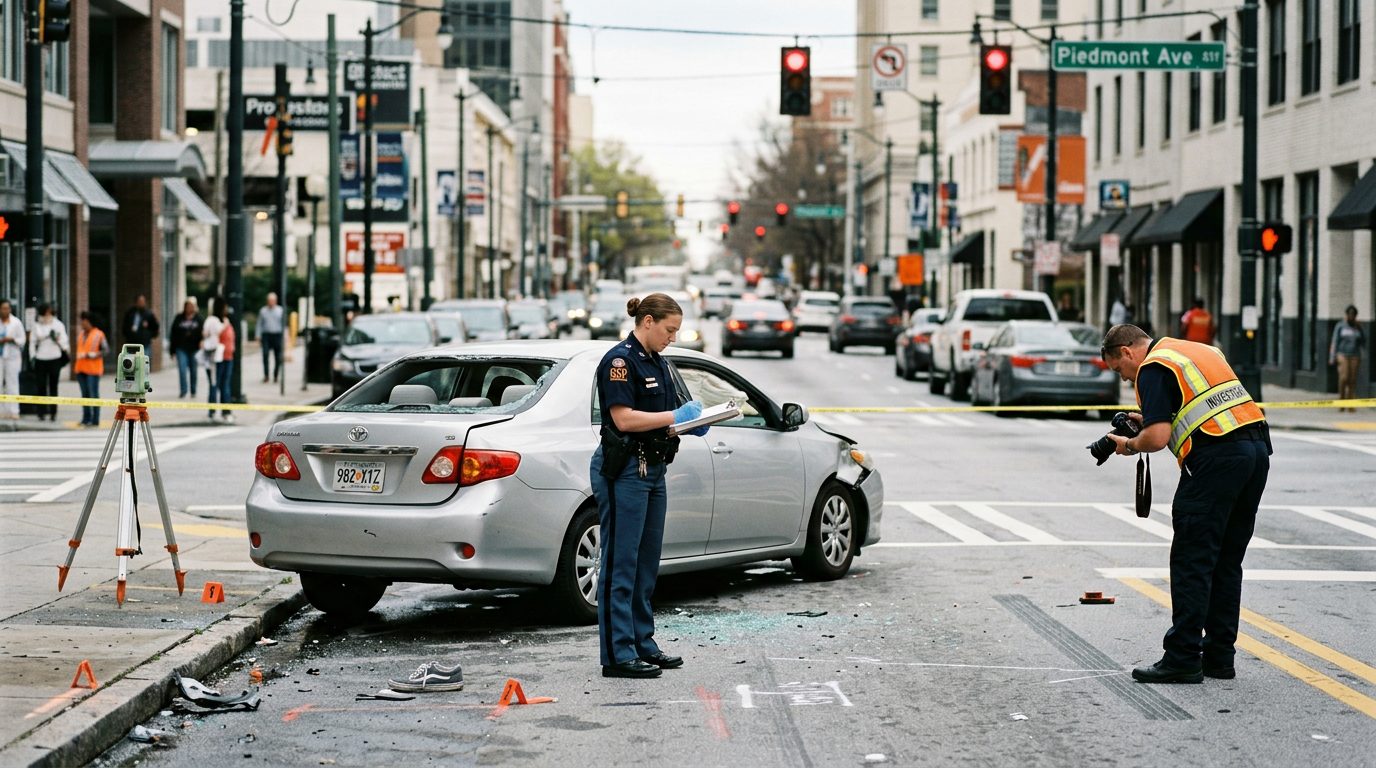 Pedestrian accident scene at urban intersection with vehicle damage and investigators documenting the collision.