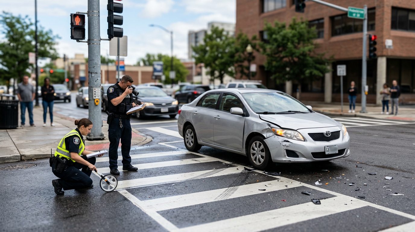 Pedestrian struck by vehicle at urban intersection with accident investigators and damaged car.