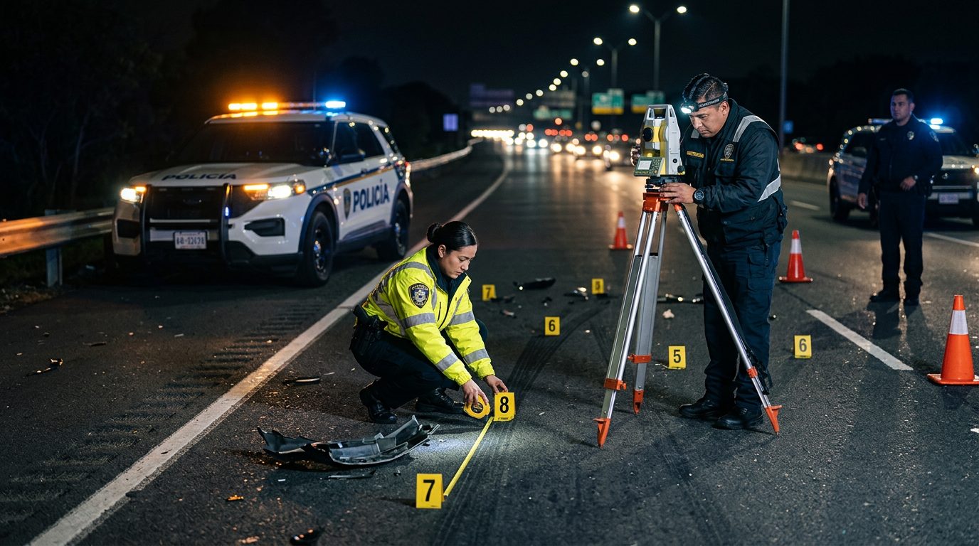 Persona cayendo por escaleras mientras oficiales investigan el accidente de noche.