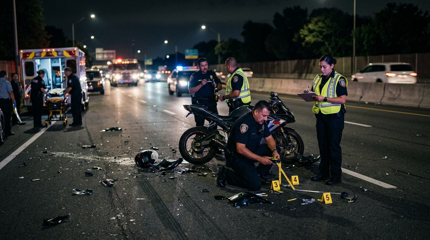Policías e investigadores examinan escena de accidente nocturno en carretera con vehículos dañados.