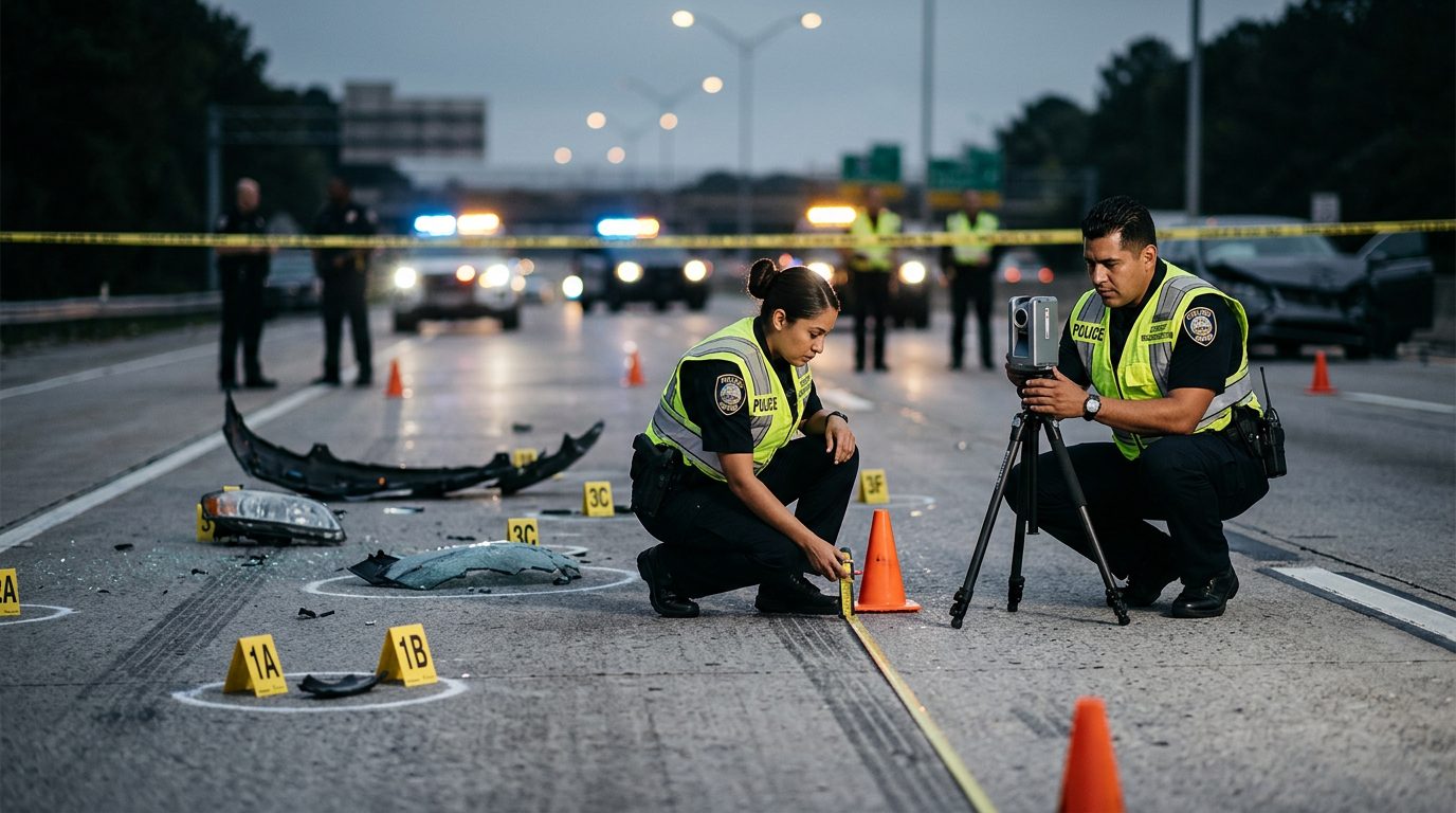 Policías investigan accidente vehicular nocturno con equipo de reconstrucción y escombros marcados.