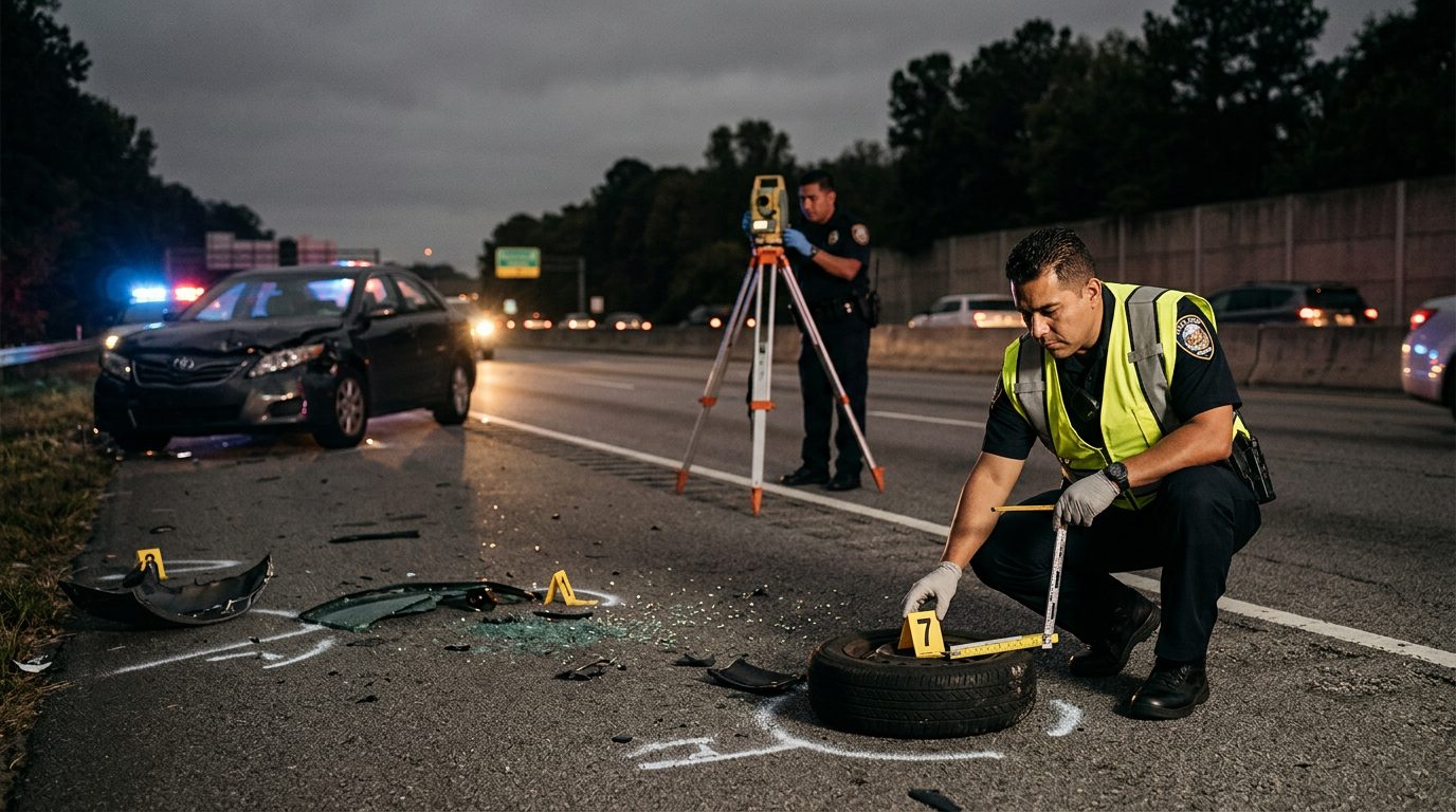 Policías investigan accidente vehicular nocturno con equipo de reconstrucción y escombros marcados.