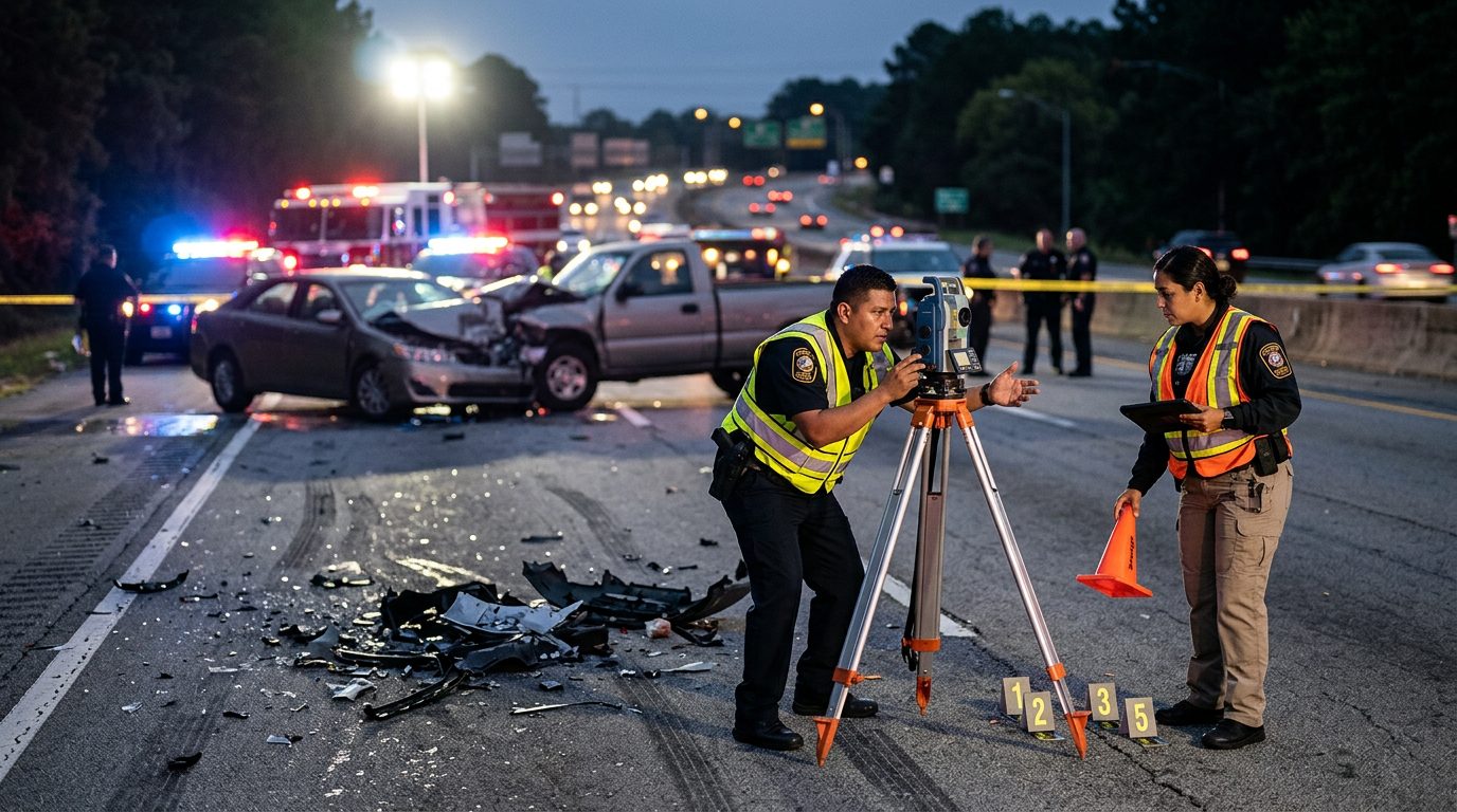 Policías investigan accidente vehicular nocturno con equipo de reconstrucción y escombros marcados.