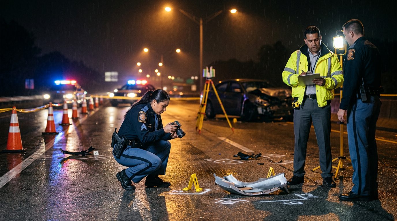 Policías investigan accidente vehicular nocturno con equipo de reconstrucción y escombros marcados.