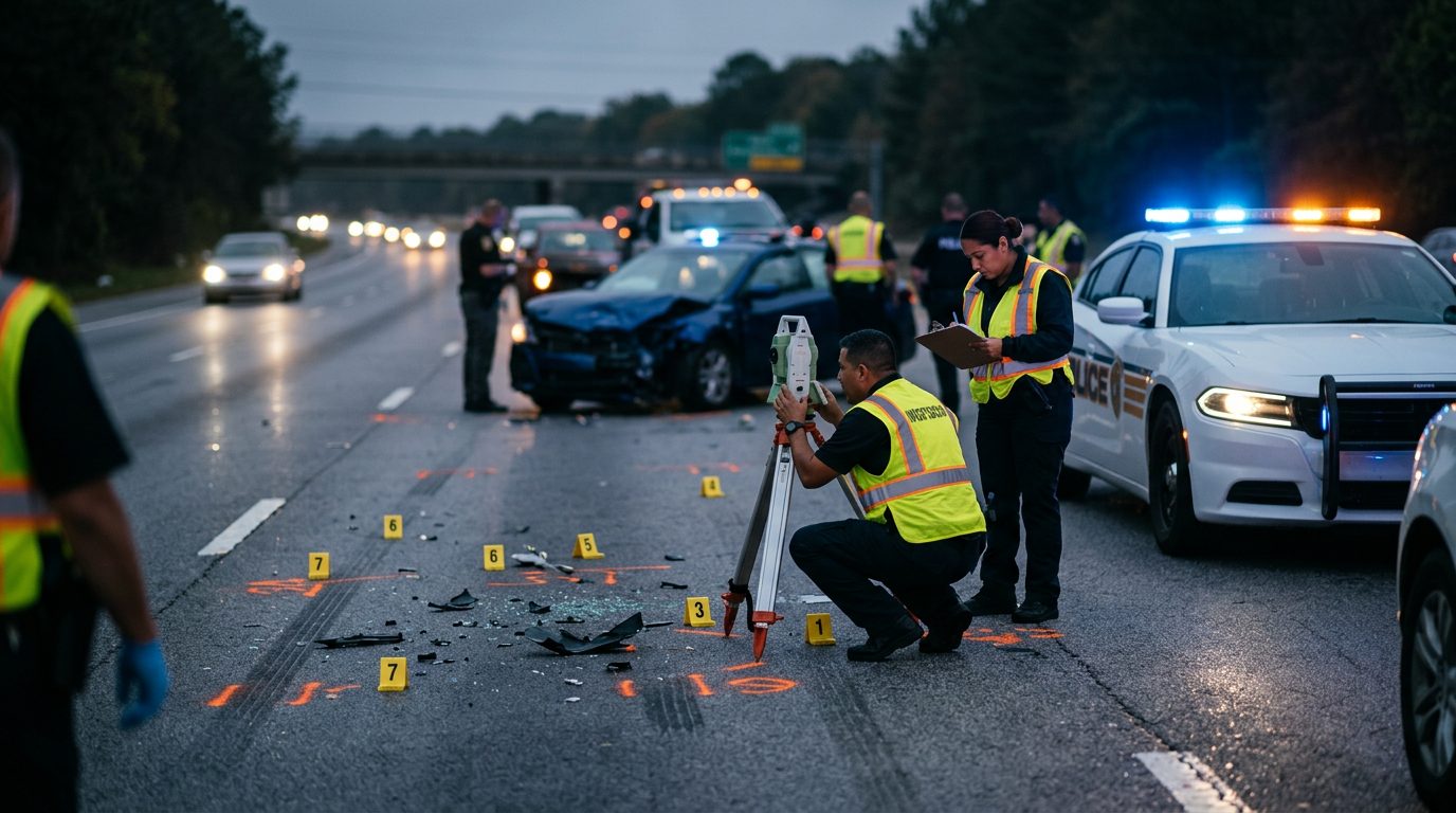 Policías investigan accidente vehicular nocturno con equipo de reconstrucción y evidencia marcada.