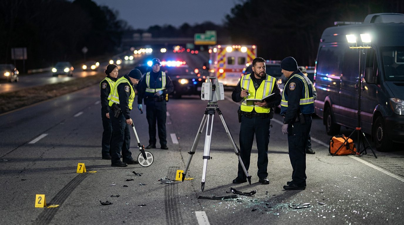 Policías investigan accidente vehicular nocturno con equipo de reconstrucción y escombros marcados.