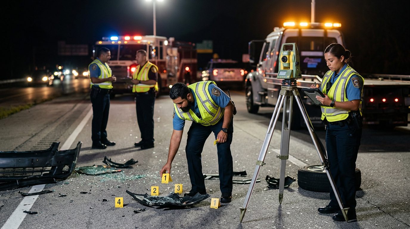 Policías investigan accidente vehicular nocturno con equipo de reconstrucción y escombros marcados.