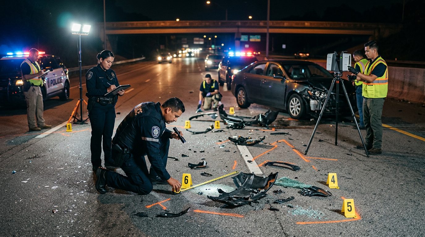 Policías investigando accidente vehicular nocturno con equipo de reconstrucción y escombros marcados.