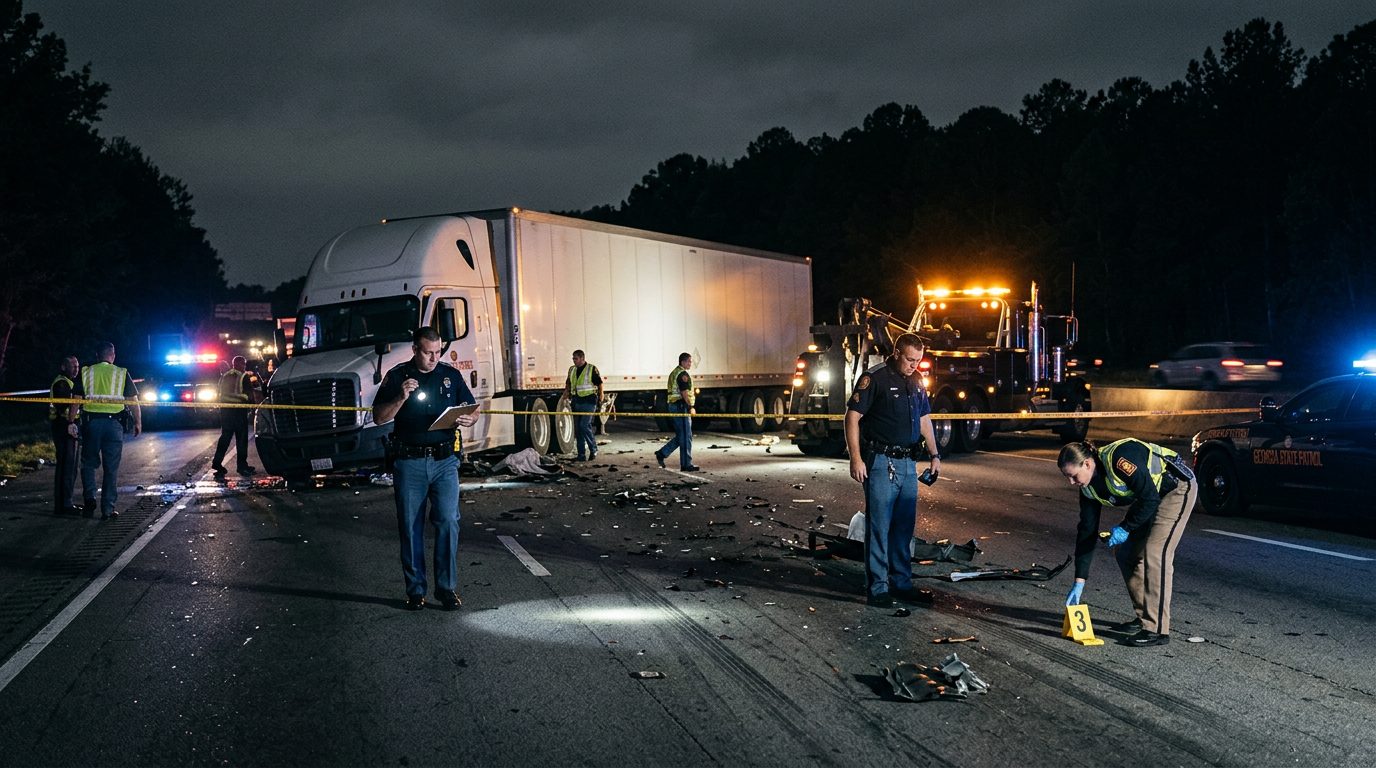 Police and investigators document a nighttime commercial truck accident scene with evidence markers and tow equipment.