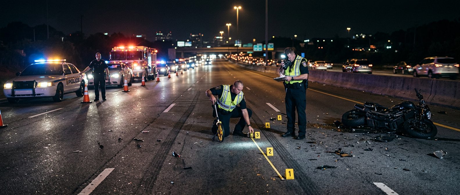 Police investigating nighttime motorcycle accident on multi-lane road with evidence markers and skid measurements.