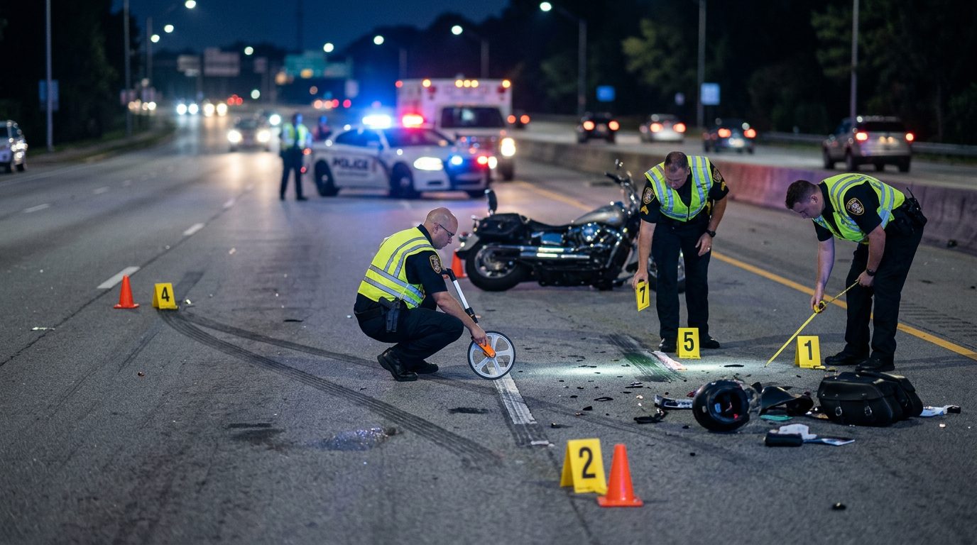 Police investigating nighttime motorcycle accident on multi-lane road with evidence markers and skid mark measurements.
