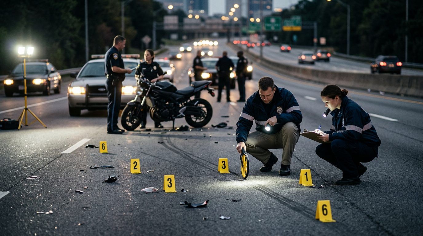 Police officers and specialists investigate a nighttime motorcycle accident scene with evidence markers and skid mark measurements.