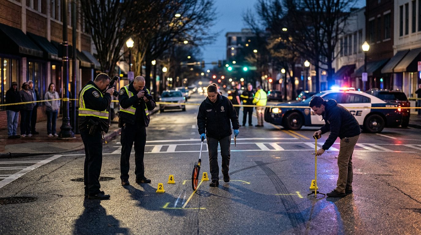 Police officers and specialists investigate a nighttime pedestrian accident scene with evidence markers and skid mark measurements.