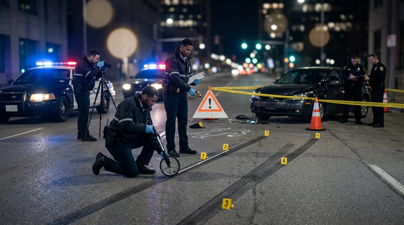 Police officers and specialists investigate a nighttime pedestrian accident scene with evidence markers and skid mark measurements.