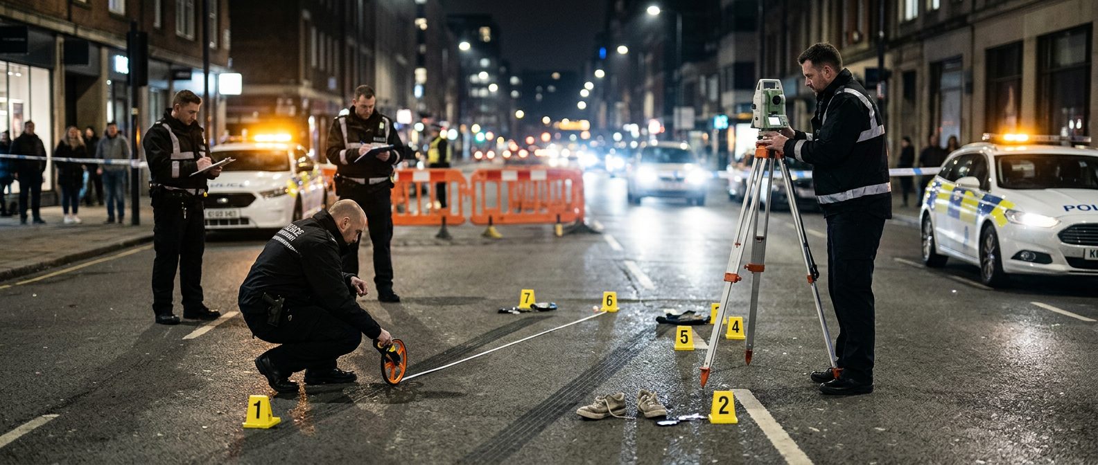 Police officers and specialists investigate a nighttime pedestrian accident scene with evidence markers and skid mark measurements.
