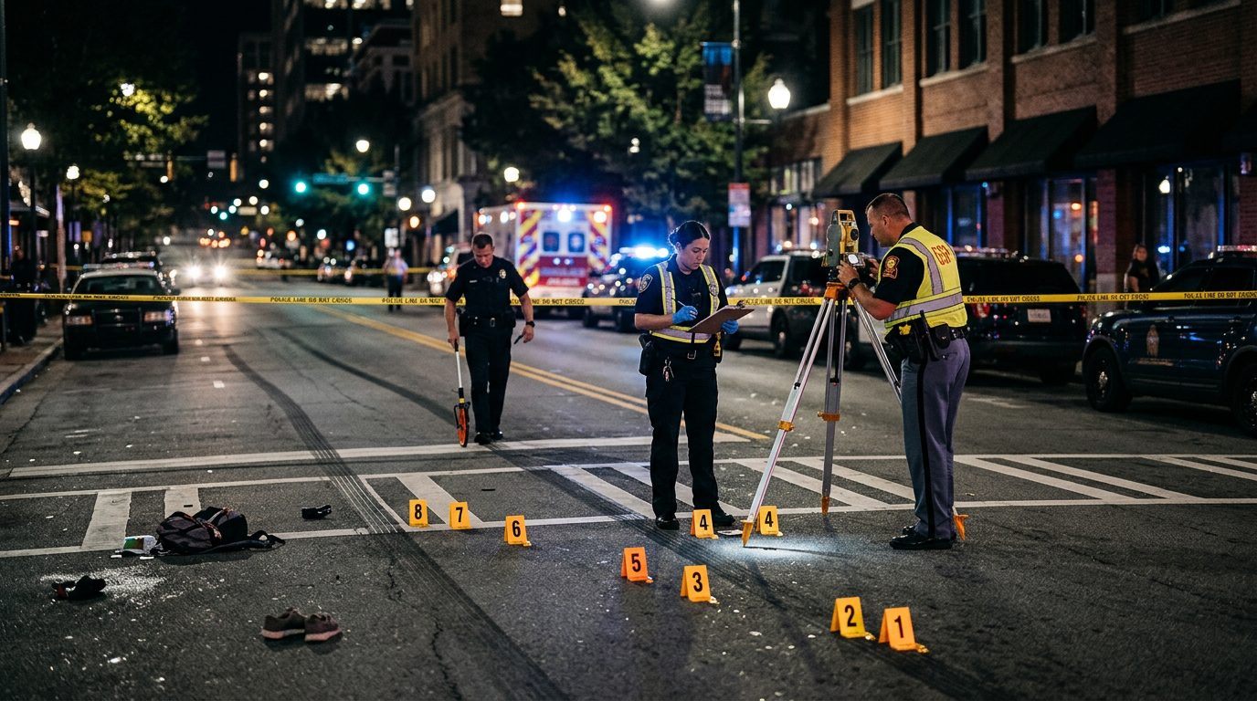 Police officers and specialists investigate a nighttime pedestrian accident on a city street with evidence markers and skid mark measurements.