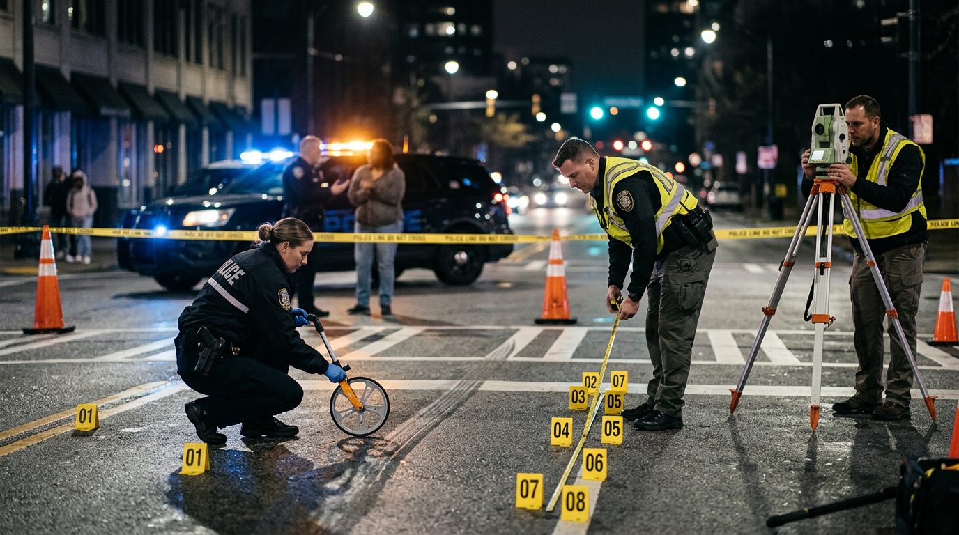 Police officers and specialists investigate a nighttime pedestrian accident on a city street with evidence markers and skid mark measurements.