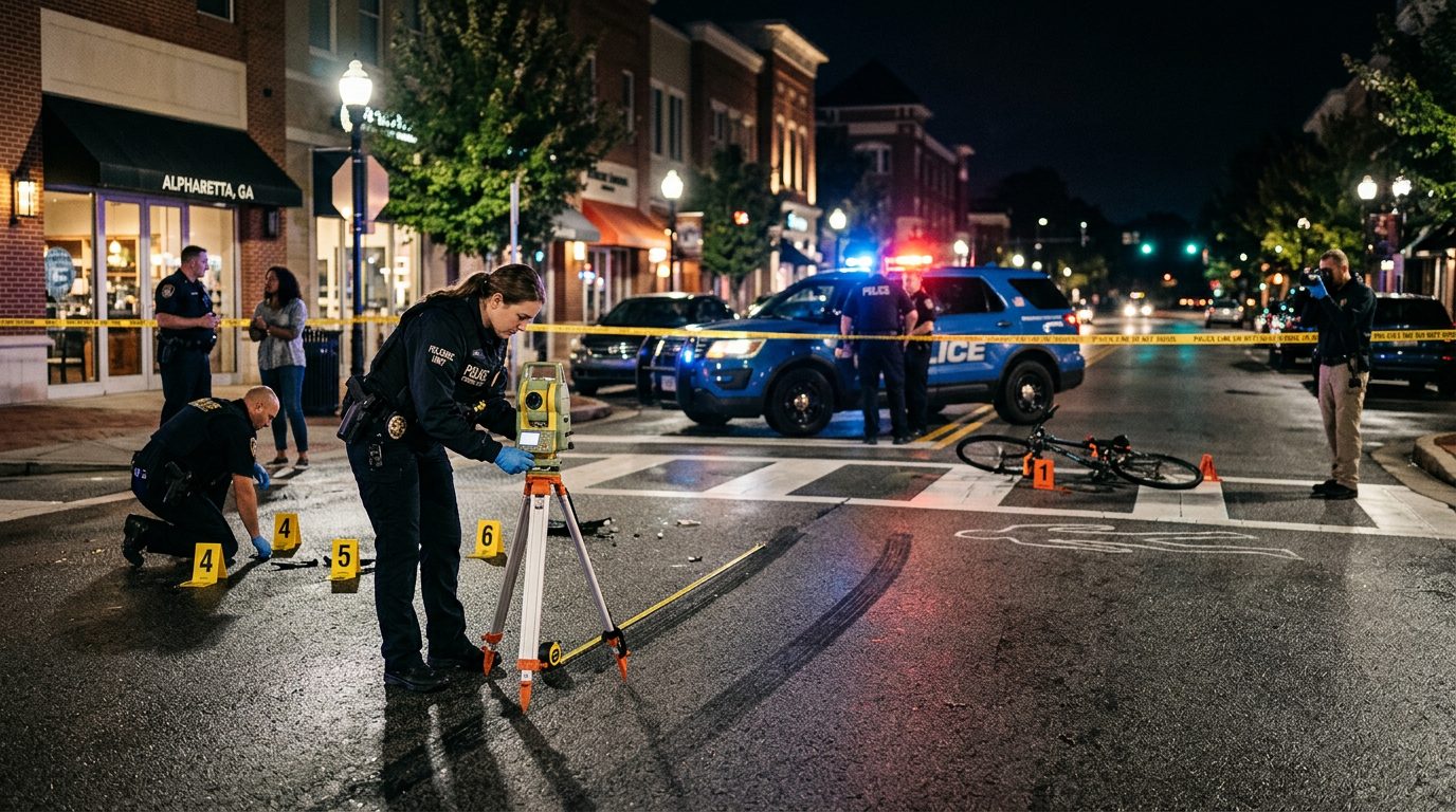 Police officers and specialists investigate a nighttime pedestrian accident scene with evidence markers and skid mark measurements.