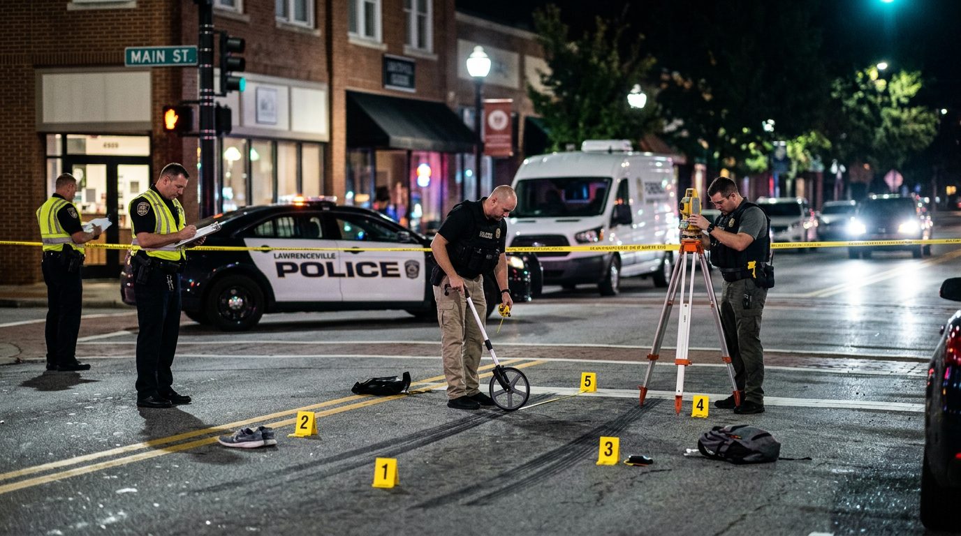 Police officers investigate a nighttime pedestrian accident scene with evidence markers and skid mark measurements on a city street.