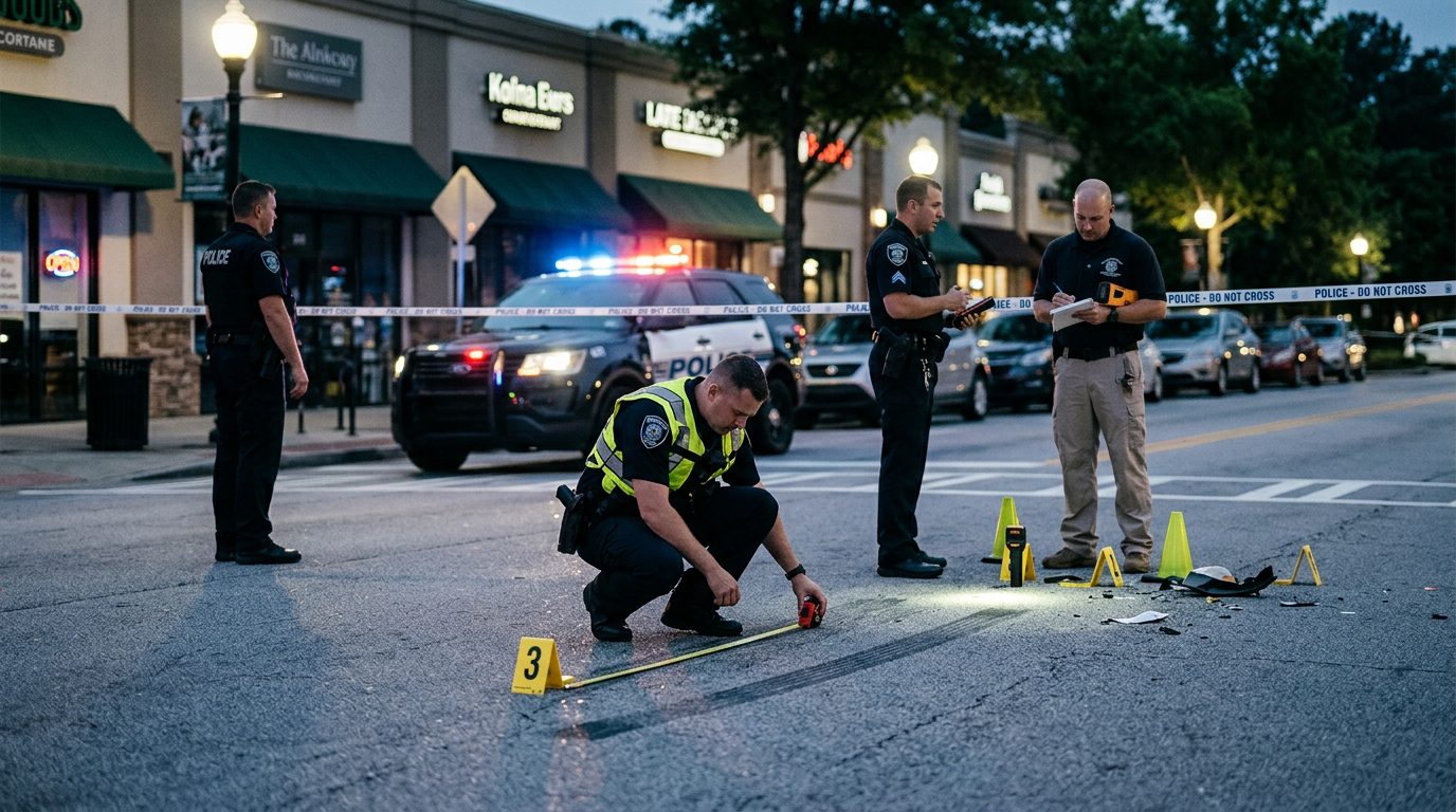 Police officers investigate a nighttime pedestrian accident scene with evidence markers and skid mark measurements.