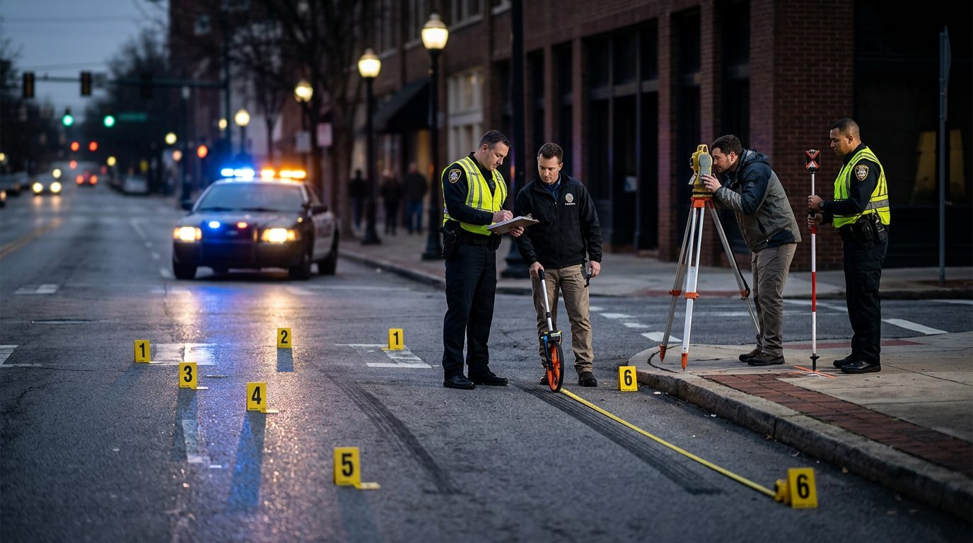 Police officers investigate a nighttime pedestrian accident on a city street with evidence markers and skid mark measurements.