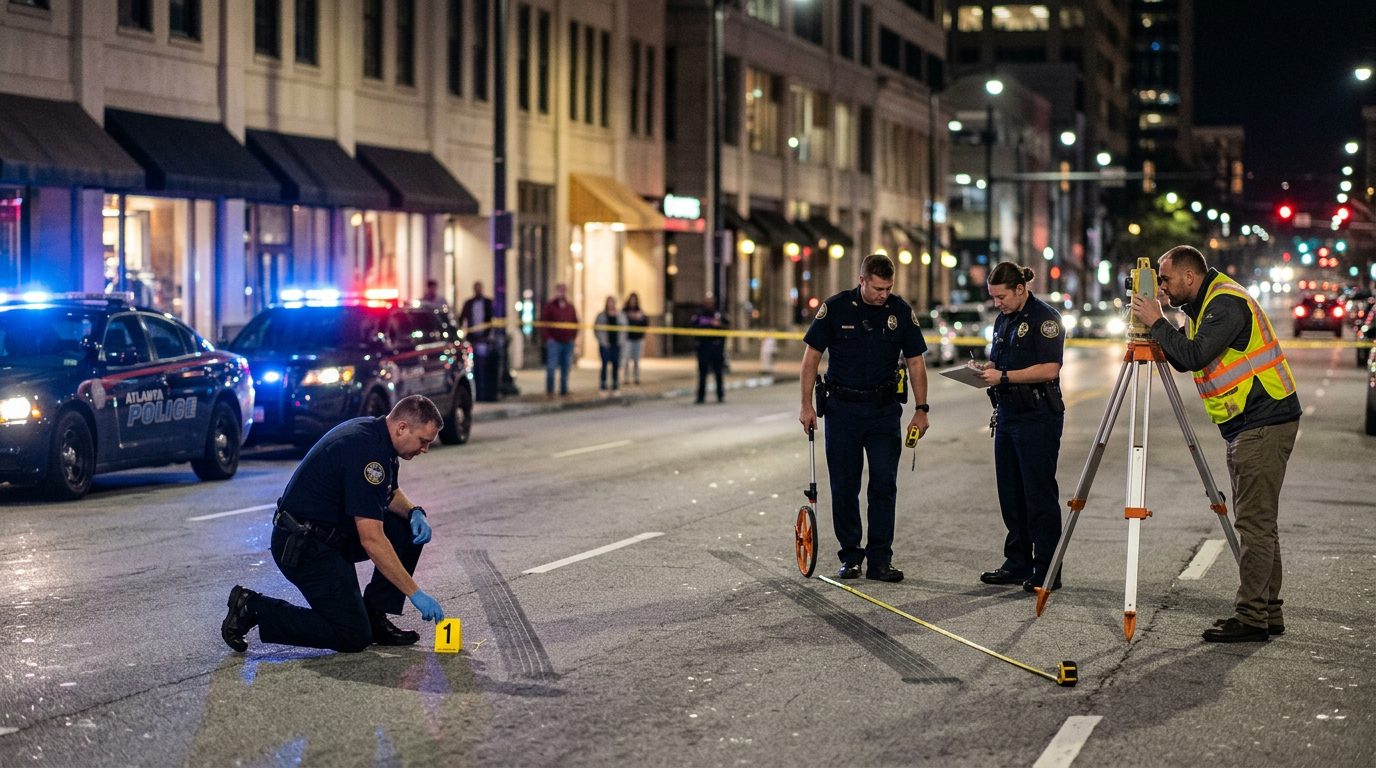 Police officers investigate a nighttime pedestrian accident on an Atlanta street with evidence markers and skid mark measurements.