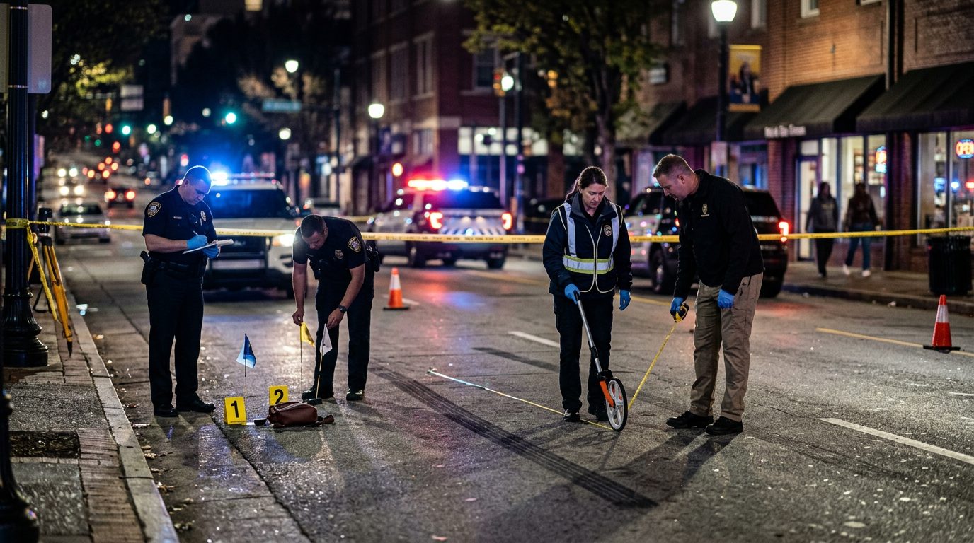 Police officers investigate nighttime pedestrian accident scene with evidence markers and skid mark measurements.