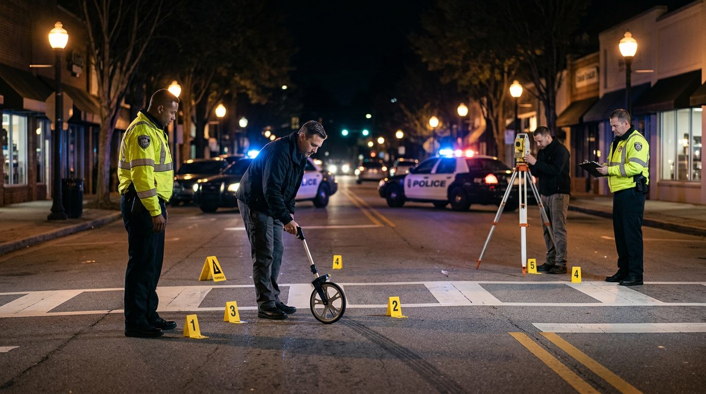 Police officers investigate nighttime pedestrian accident scene with evidence markers and skid mark measurements.