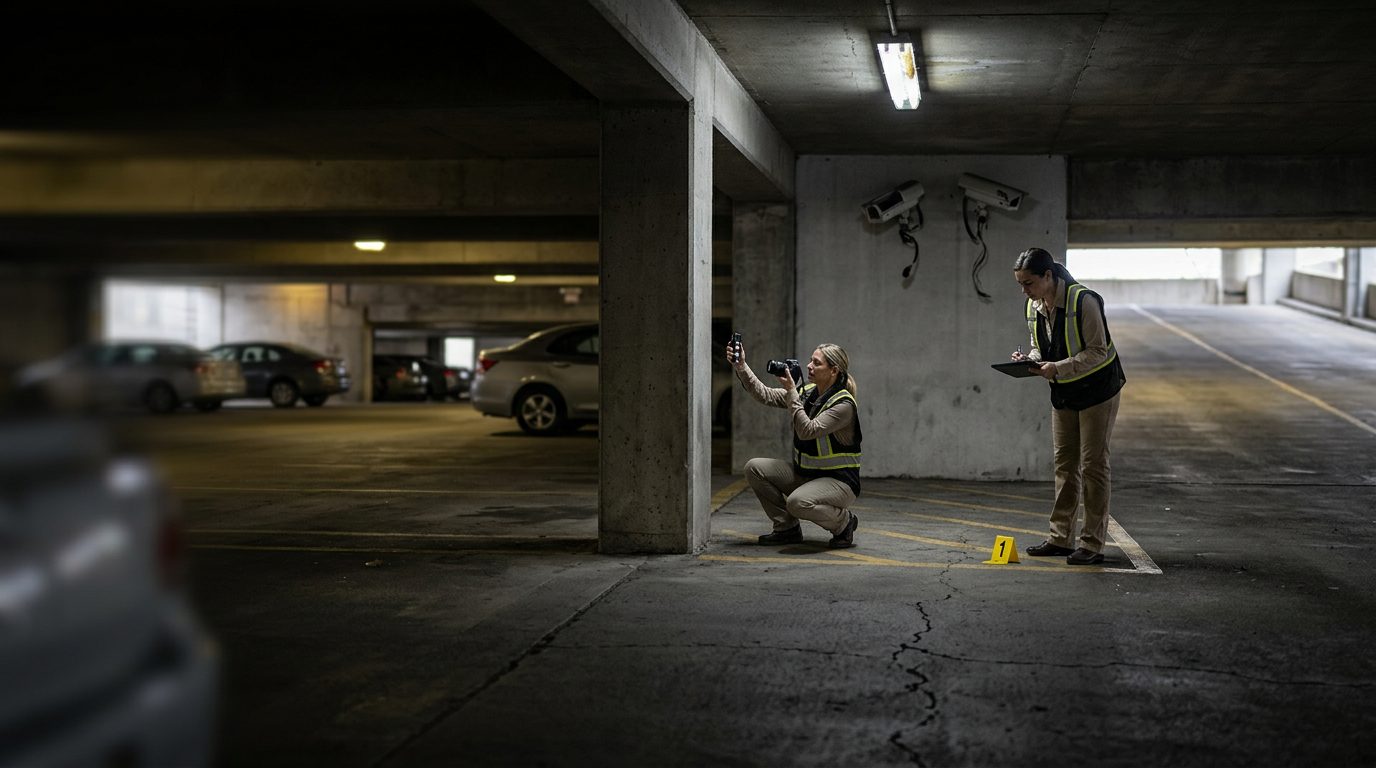 Poorly lit parking garage with evidence markers and broken security camera documenting unsafe conditions.