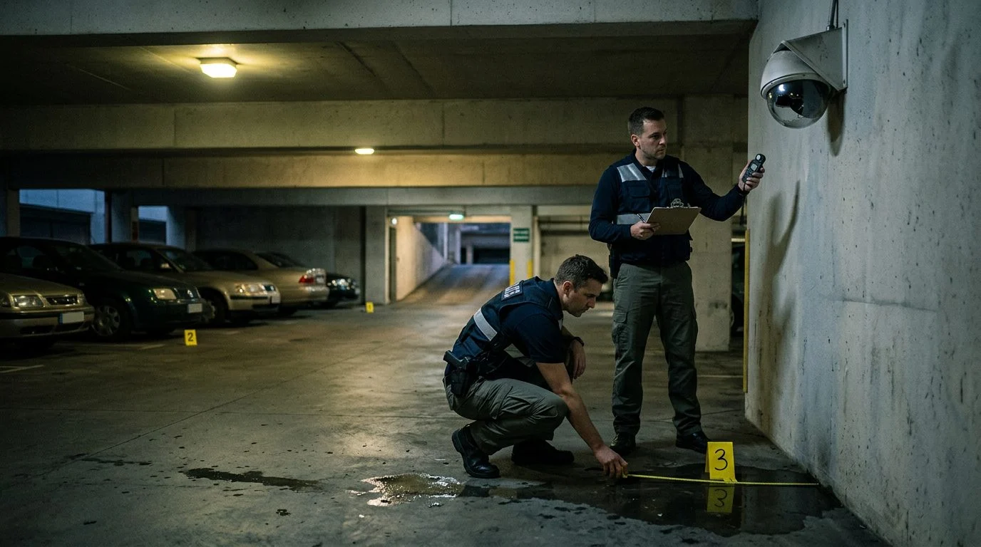 Poorly lit parking garage with evidence markers and broken security camera documenting unsafe conditions.