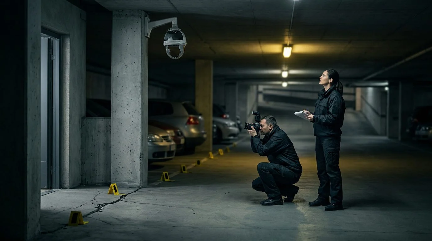 Poorly lit parking garage with evidence markers and broken security camera documenting unsafe conditions.