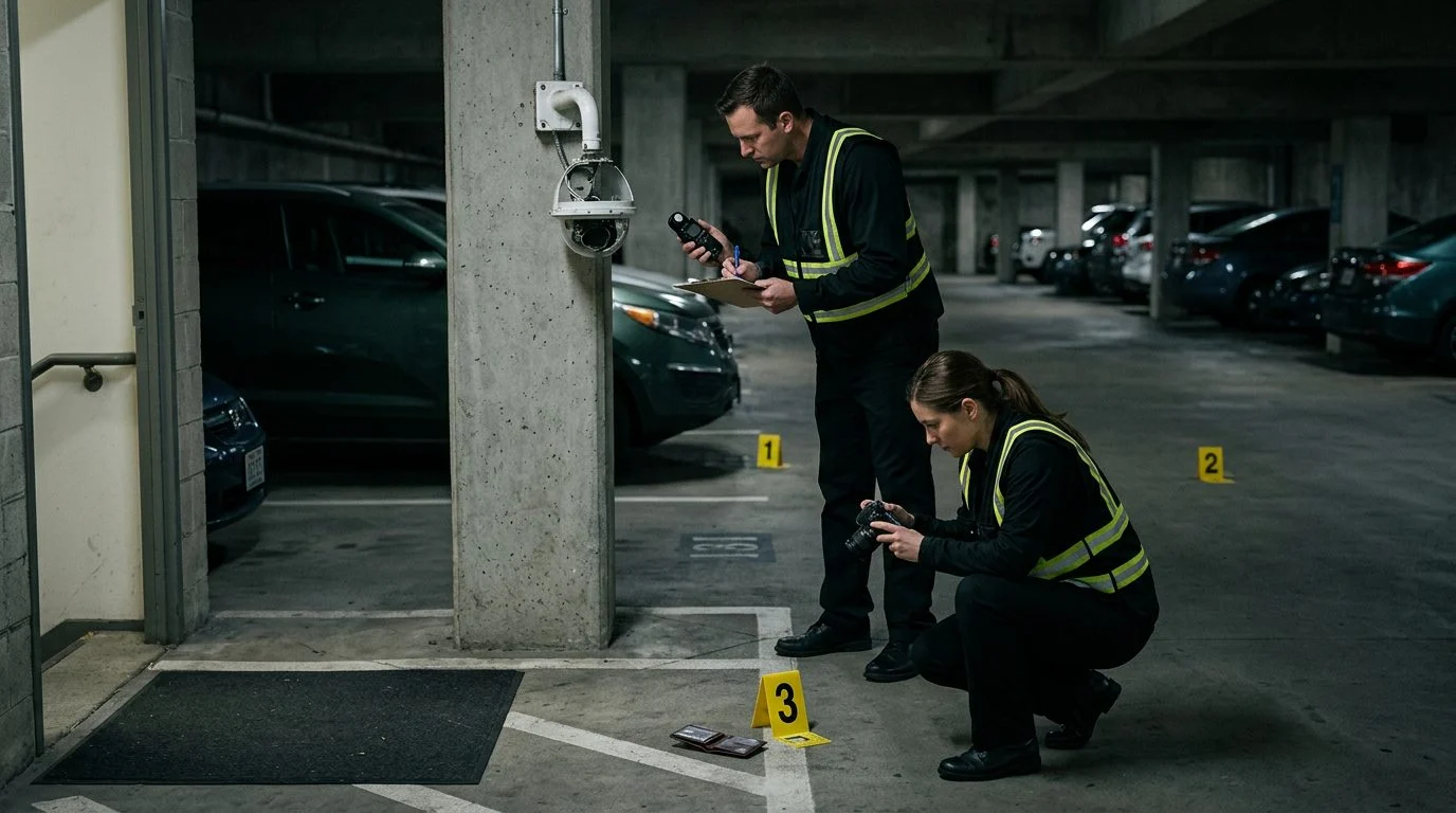 Poorly lit parking garage with evidence markers documenting inadequate lighting and broken security cameras.