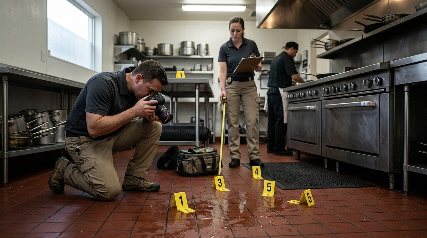 Premises liability investigators document wet kitchen floor with evidence markers and grease accumulation.