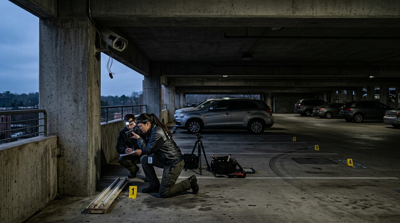 Security investigators document inadequate lighting and broken cameras in parking garage.