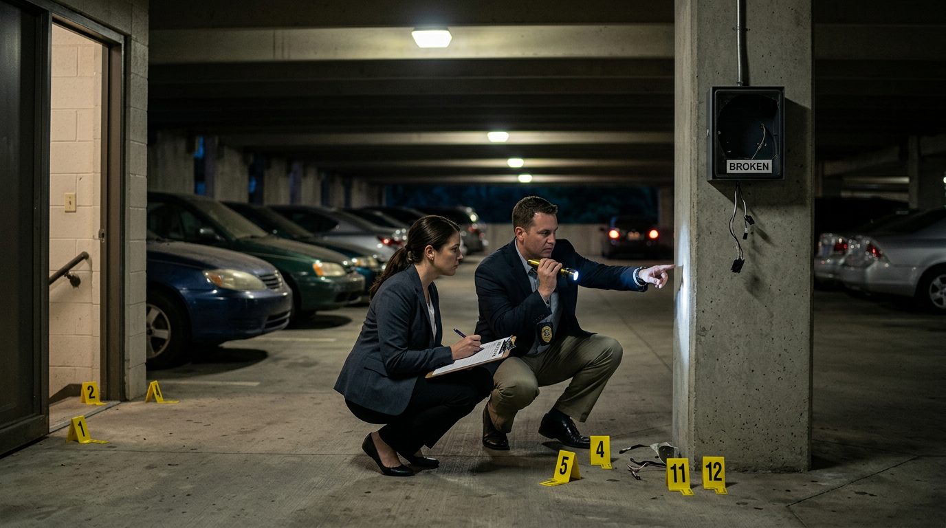 Security investigators document inadequate lighting and broken cameras in apartment parking garage.