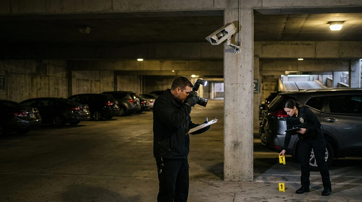 Security investigators document inadequate lighting and broken cameras in parking garage.