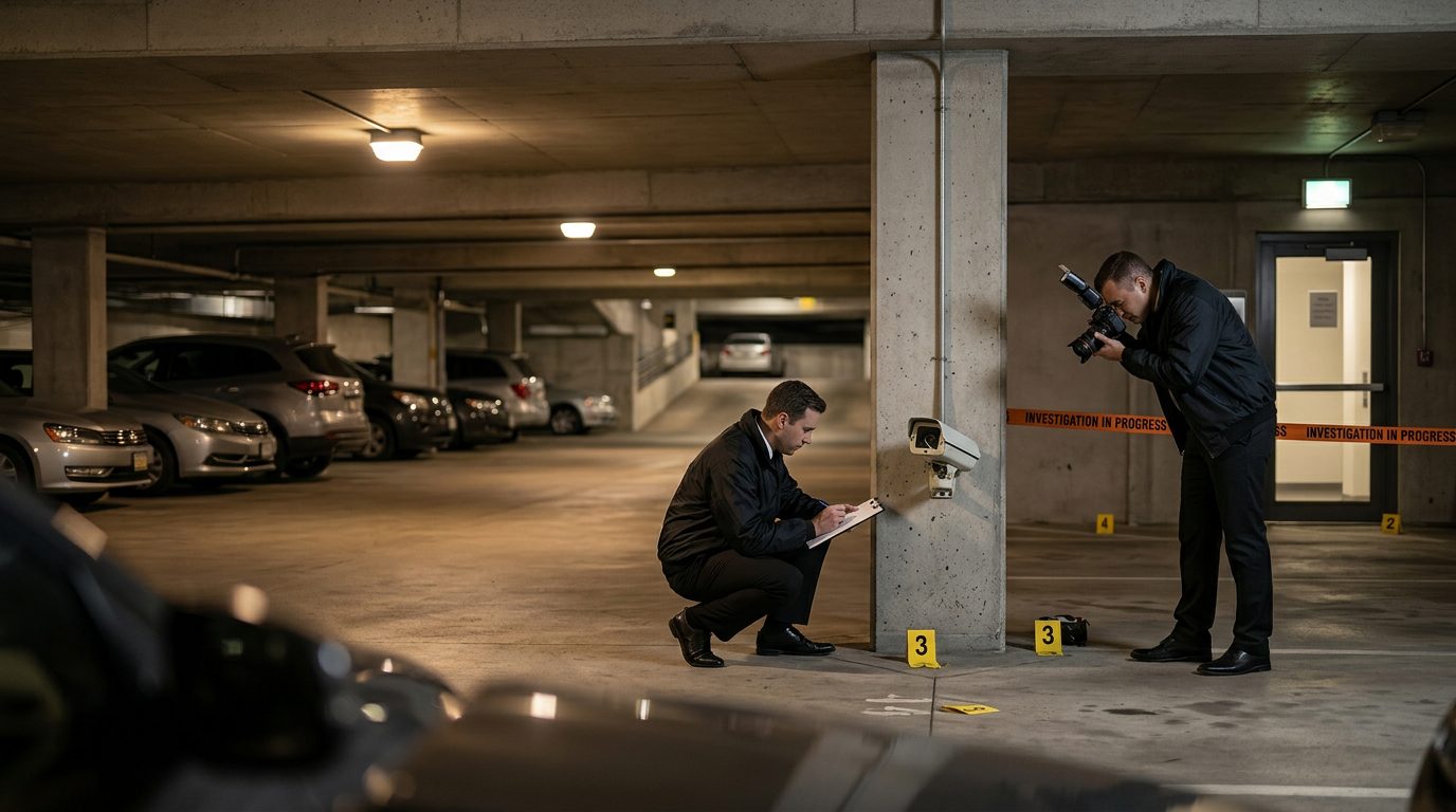 Security investigators document inadequate lighting and broken cameras in parking garage.