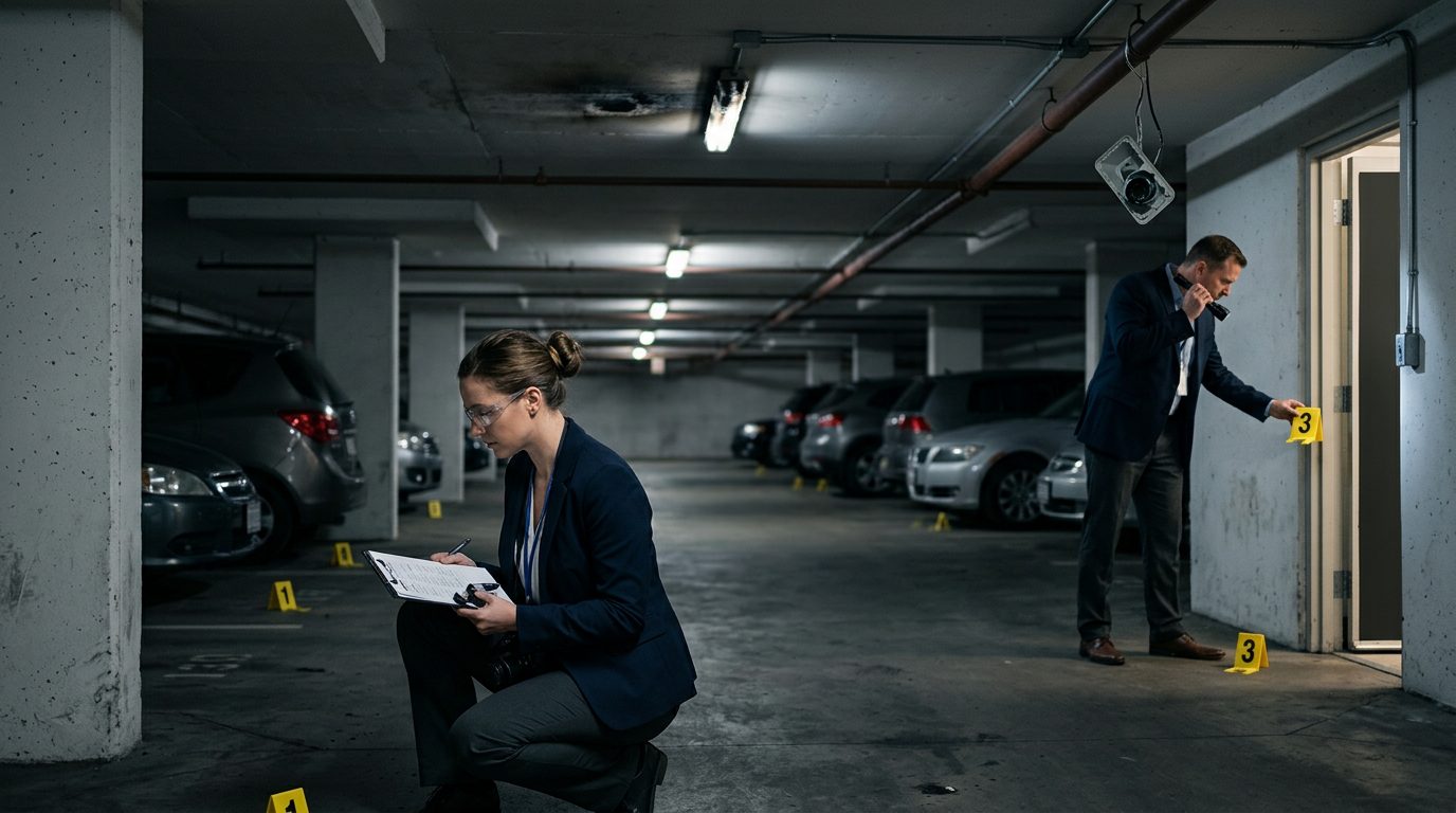 Security investigators document inadequate lighting and broken cameras in poorly maintained parking garage.