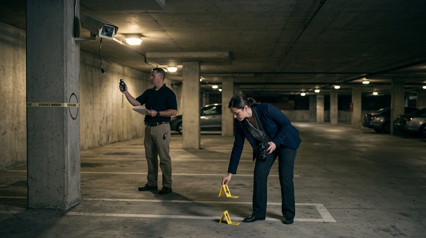 Security investigators document inadequate lighting and broken cameras in dimly lit parking garage.