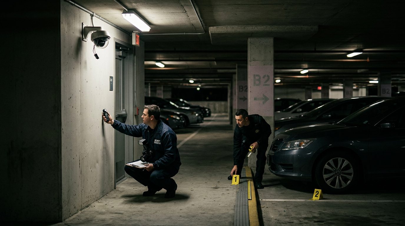 Security investigators document inadequate lighting and broken cameras in hotel parking garage.