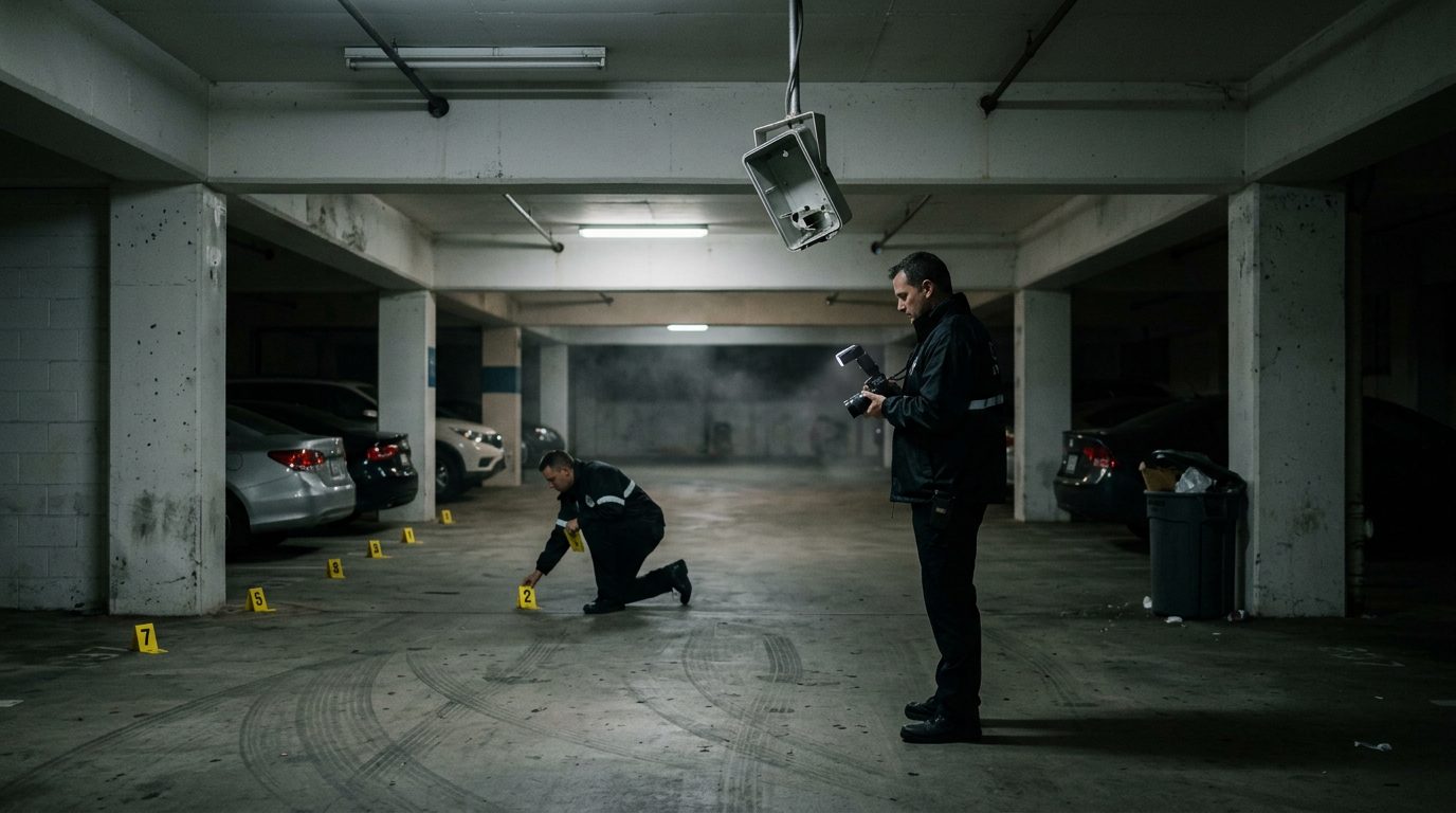 Security investigators document inadequate lighting and broken cameras in parking garage for liability evidence.