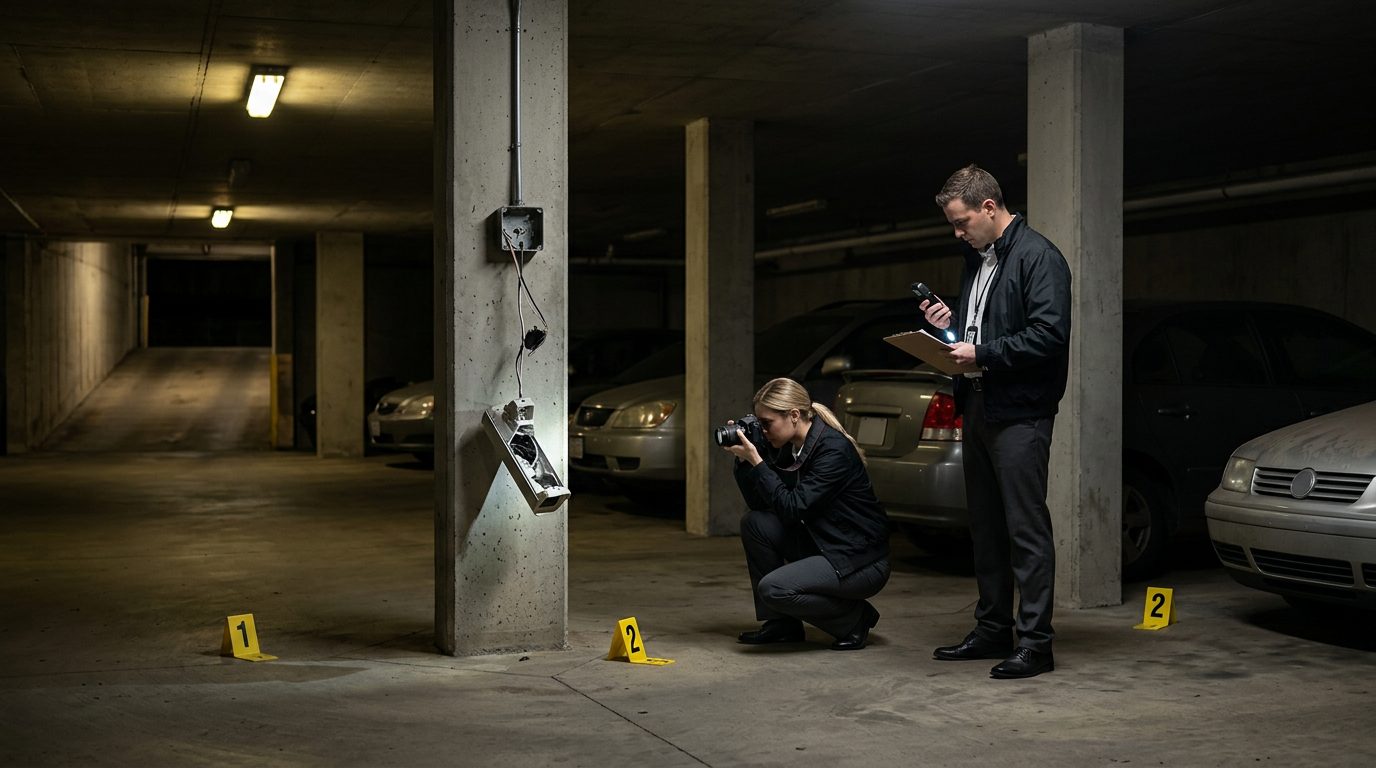 Security investigators document inadequate lighting and broken cameras in parking garage for liability evidence.