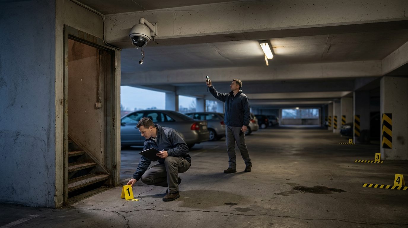 Security investigators document inadequate lighting and broken cameras in parking garage for liability evidence.