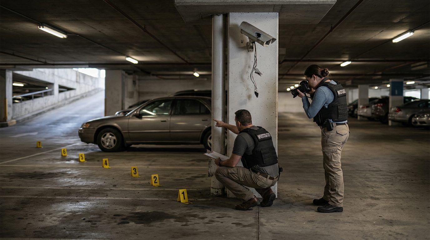 Security investigators document inadequate lighting and broken cameras in parking garage.