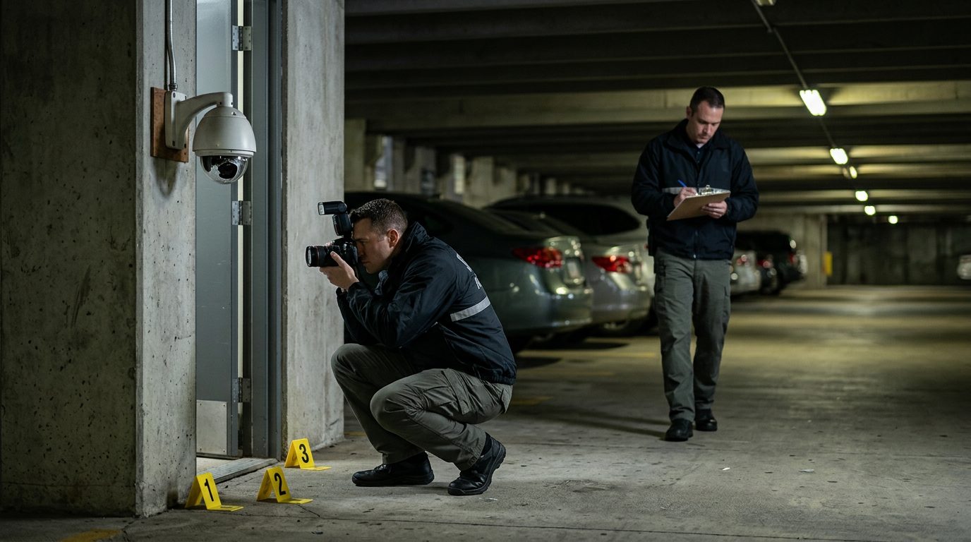 Security investigators document inadequate lighting and broken cameras in a parking garage.