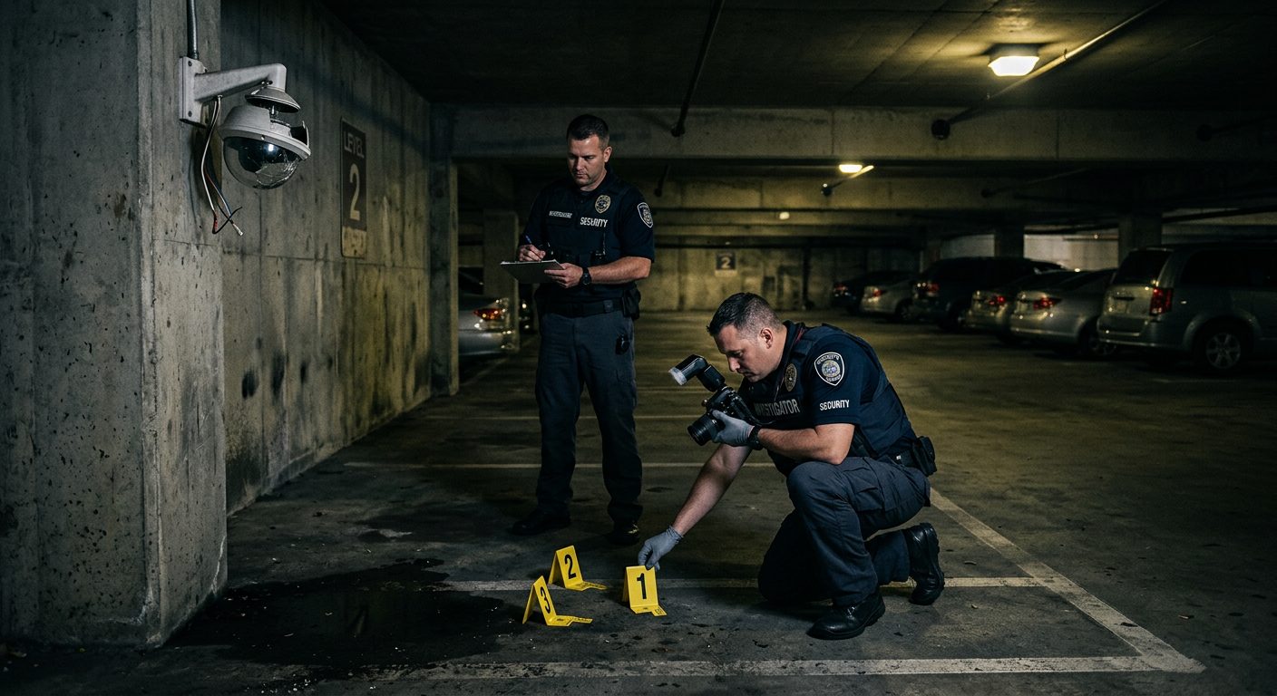 Security investigators document inadequate lighting and broken cameras in parking garage for premises liability evidence.