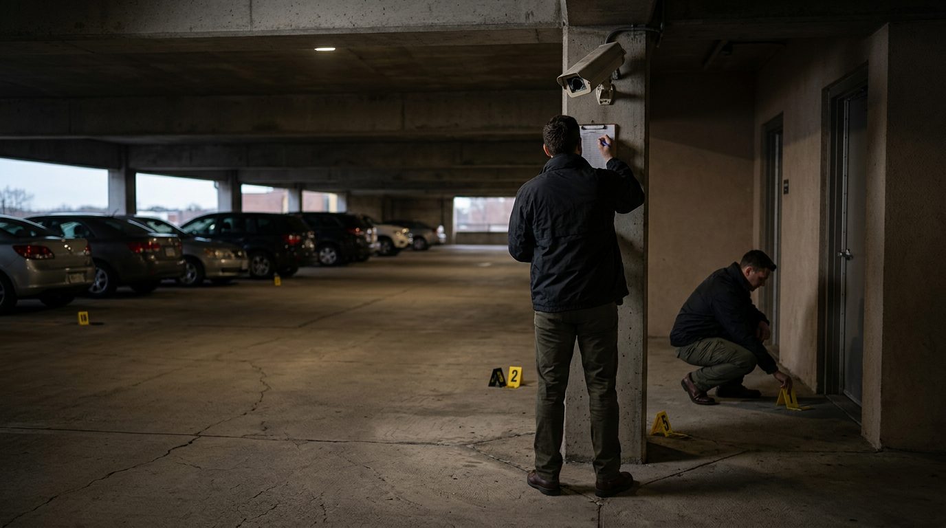 Security investigators document inadequate lighting and broken cameras in parking garage.