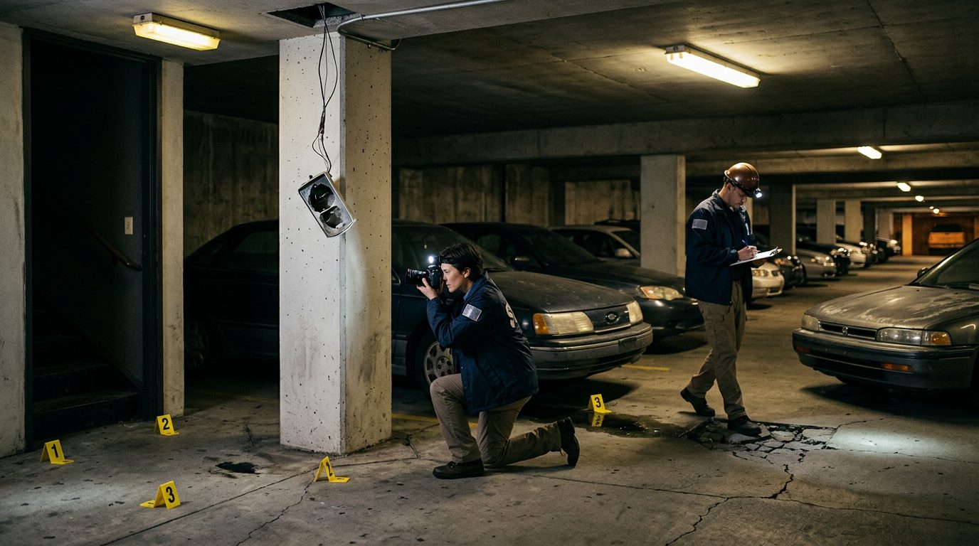 Security investigators document poor lighting and broken cameras in parking garage for premises liability evidence.
